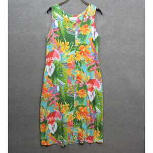 Jams World Hawaiian Dress Womens Medium Midi Button Front Tropical Colorful